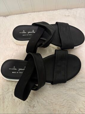 Mila Paoli Leather Black Slide Sandals with Crisscross Straps Sz 6.5